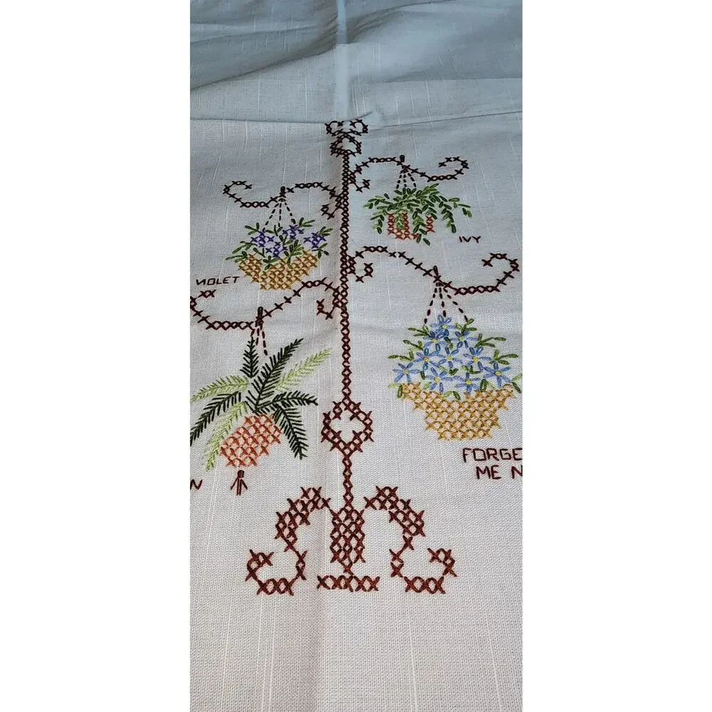 Vintage Hand Embroidered Linen Curtain Panel Hanging Flower Basket Cottagecore